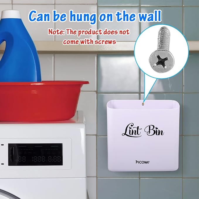 Picowe Magnetic Laundry Storage, Large Lint Holder Bin for Laundry Room, Space-Saving Trash Container Hanging on Dryer, Washer or Wall Mount (Gray White)