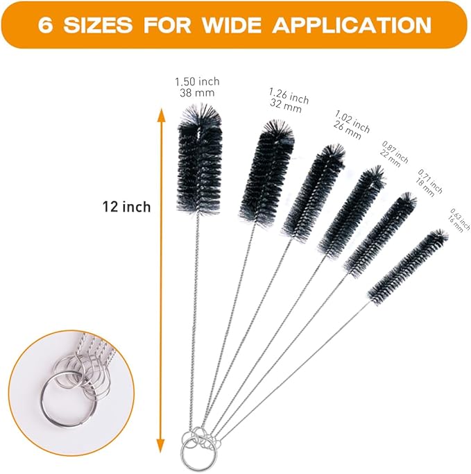 Brush Family Straw Cleaner Brush Set 6 Pieces | 12" Long Pipe Tube Bottle Brushes for Cleaning Narrow Neck Bottles,Coffee Maker,Glass Cups