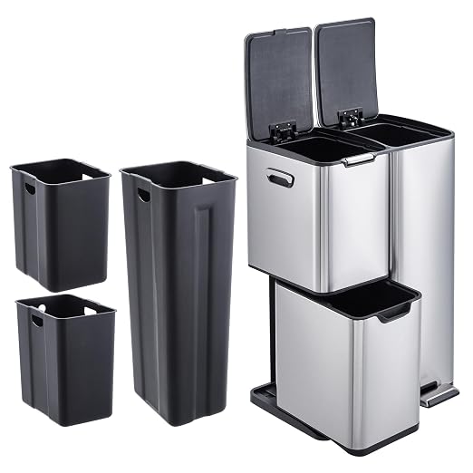 TrailBlaze Triple Compartment Stainless Steel Trash & Recycling Bin Combo – 16 Gallon, Removable Inner Buckets, Collapsible Foot Pedal – Step-On Garbage Can for Kitchen, Home, Office