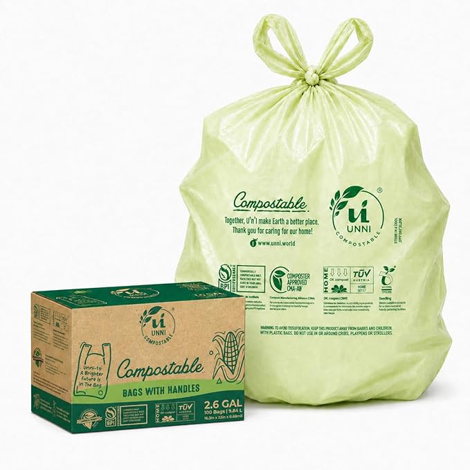 UNNI 2.6 Gallon Compostable Bags with Easy-Tie Handles, 10 Liter, 100 Count | Small Compost Bags for Countertop Bins & Kitchen Food Scraps, Certified by BPI, CMA & OK compost HOME, Meets ASTM D6400