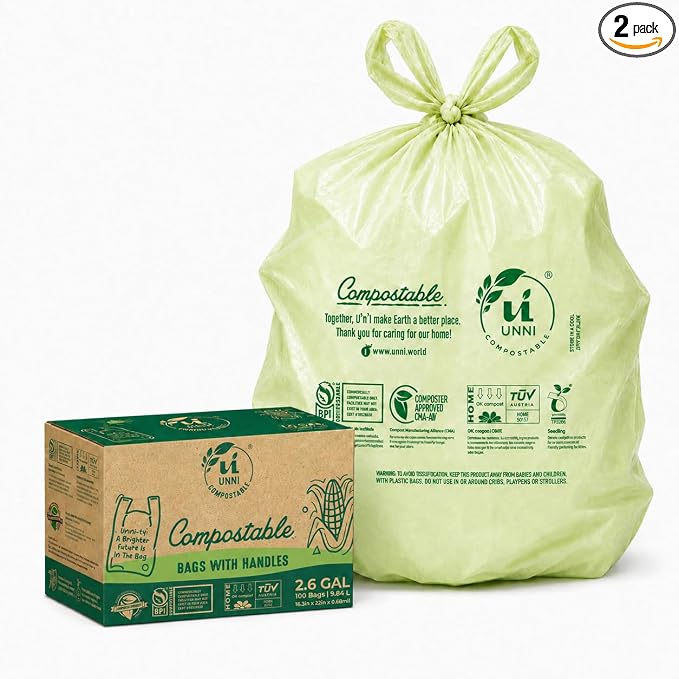 UNNI 2.6 Gallon Compostable Bags with Easy-Tie Handles, 10 Liter, 200 Count | Small Compost Bags for Countertop Bins & Kitchen Food Scraps, 2 Packs of 100, Certified by BPI, CMA & OK compost HOME