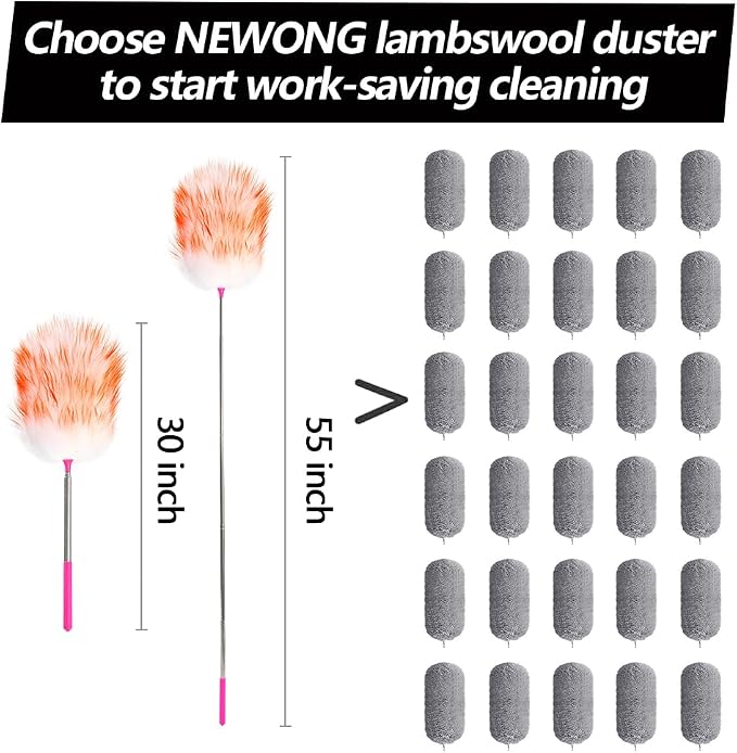 NEWONG 5 Pcs Extendable Lambswool Duster, 35-55'' Aluminum Handle | 5 Pcs set, 35-55 in reach, Natural lambswool head, Aluminum handle, Reusable for ceilings, fans and furniture