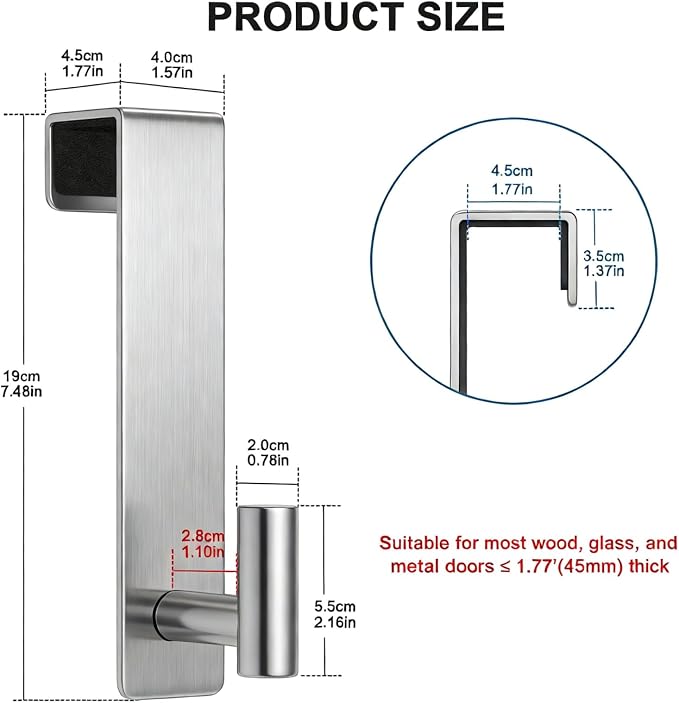 PMMASTO Door Hooks for 1-3/4 Inch Doors, Silver- 2 Pack, T Shape | Stainless Steel Door Hooks Organize Coats Towels Robes in Bathrooms Bedrooms Closets