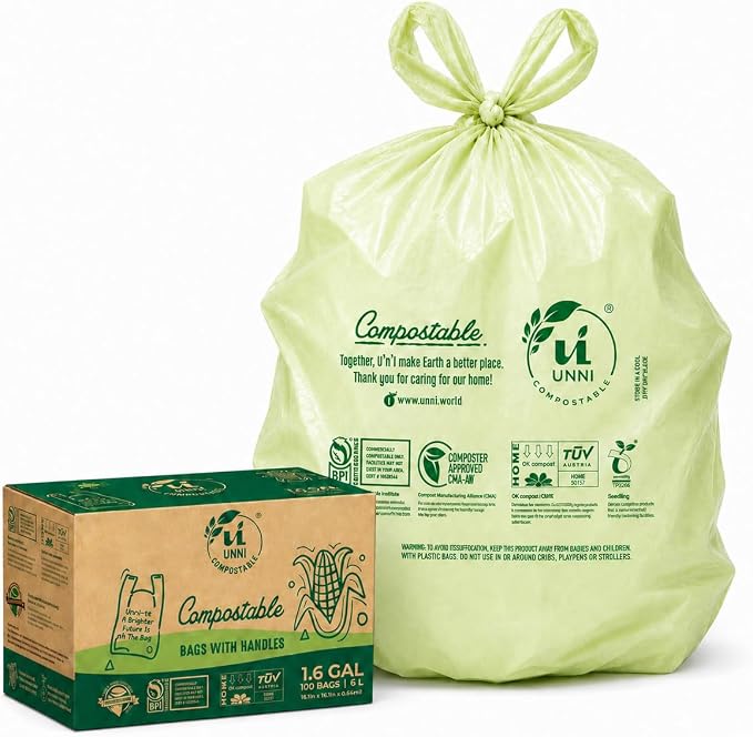 UNNI 1.6 Gallon Compostable Bags with Easy-Tie Handles, 6 Liter, 100 Count | Small Compost Bags for Countertop Bins & Kitchen Food Scraps, Certified by BPI, CMA & OK compost HOME, Meets ASTM D6400