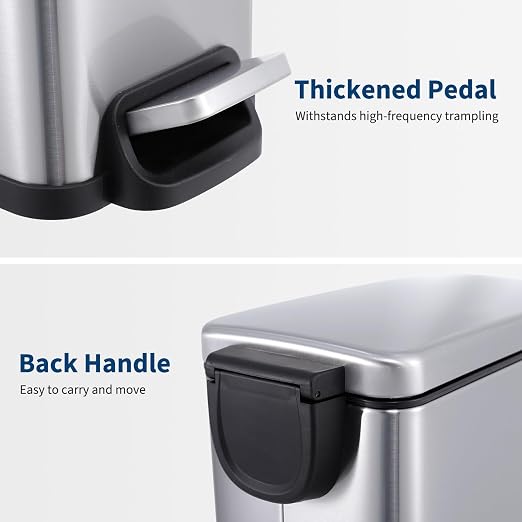 Slim Narrow Kitchen Trash Can with Lid, 10L Stainless Steel Step Pedal Garbage Can, Soft Close & Stay Open Lid Design, Space Saving Trash Bin with Removable Inner Bucket for Kitchen, Bathroom,Sliver