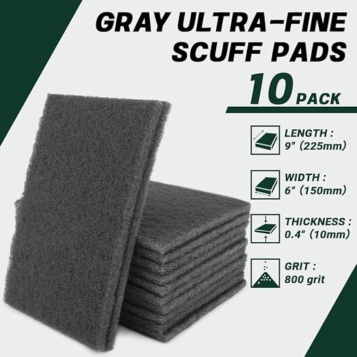 6" x 9" Gray Ultra-Fine Scuff Pads, 10 Pack – Non-Woven Hand Pads for Ultra-Fine Sanding, Cleaning, Scouring, Polishing Prep & Surface Refinement on Auto Body – Reusable Aluminum Oxide Abrasive Pads
