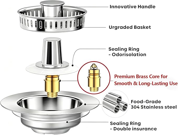 MAISHI 3-in-1 Kitchen Sink Drain Strainer & Stopper [2 Pack], 304 Stainless Steel Pop Up Drain Plug with Durable Brass Core, Anti-Clogging Sink Basket and Cleaning Brush, Fits US Standard 3-1/2"