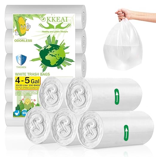 OKKEAI Small Trash Bags White 4 Gallon Bathroom Garbage Bags, 150 Count | Strong Trash Bags with, Wastebasket Liners for Office and Home Use