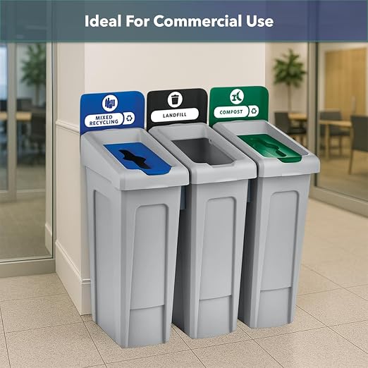 23 Gallon Mixed Recycling Bin with Hinged Lid – Slim Commercial Waste Container for Paper, Plastic, and Cans – Ideal for Offices, Cafeterias, and Schools