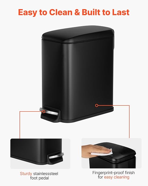 VEVOR Slim Bathroom Trash Can, 11.4 x 5.71 x 10.7 Inch Small Bedroom Trashcan with Step Pedal & Soft Close Lid, 6L Steel Garbage Can with Detachable Inner Bin, for Kitchen, Home, Dorm, Office, Black