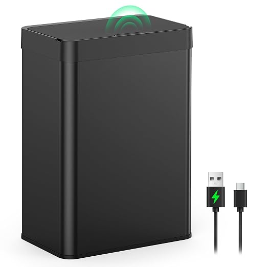 13 Gallon Automatic Kitchen Trash Can,Touchless Sensor Garbage Can,Black | Built‑in 1500mAh Rechargeable Battery,Stainless Steel Motion Sensor Trash Can, Silent Close Lid Smart Trash Bin for Home