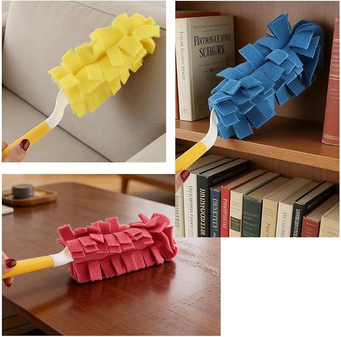 5 Pack Reusable Fleece Duster Refills, Washable Heavy Duty Duster Pads with Yellow Handle, 360 Cleaning Pads for Home Car Furniture Pet Household Use
