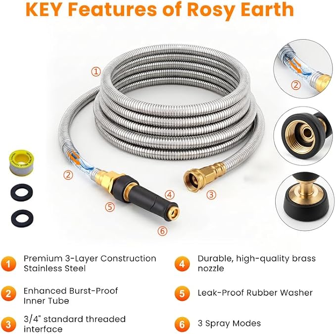 Rosy Earth Metal Garden Hose 150 FT - 304 Stainless Steel Water Hose 150 FT - Expandable Short Flexible Garden Hose,no Kink Explosion, no Bite
