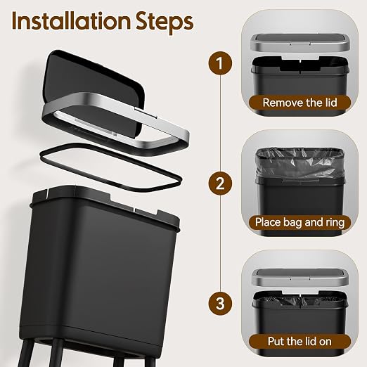 Laundry Waste Basket with Wheels and Lid, High Foot 4 Gallon Narrow Garbage Can with Silver Edge, Pop Up Lid Pet Waste Trash Can with Legs, Black Plastic Garbage Bin for Kitchen, Bedroom, Toilet