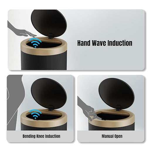 URALFA 2PCS Bathroom Trash Can Automatic Touchless, Motion Sensor Trash Can | 2.8 & 3.7 Gallon Bathroom Garbage Can with Lid, Smart Waterproof Trash Bin for Bedroom, Office, Restroom, Black and Gold