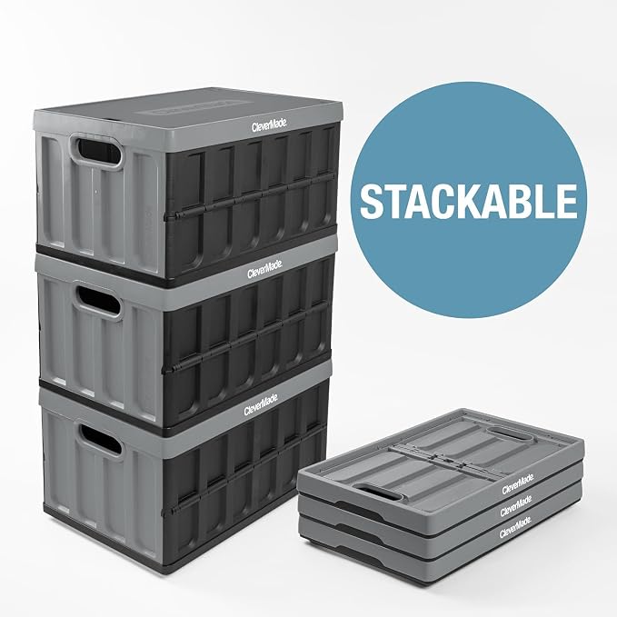 CleverMade Collapsible Storage Bins (with Lids), 62L, 3 Pack - Ocean | Store Bigger Loads Under a Secure Lid | Each Bin Holds 100 lb, Stacks Neatly, and Folds to 2.5 Inches When Empty