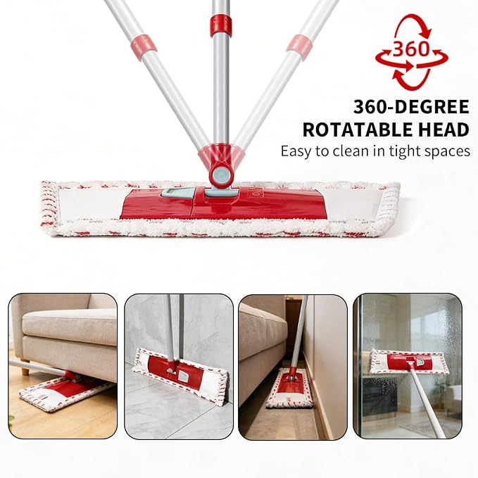 Microfiber Flat Mop for Floor Cleaning, 360° Rotating Hardwood Mop with 2 Reusable Washable Pads, Wet Dry Dust Mop with Coated Iron Handle, Lazy Cleaning Tool for Baseboard Wall Wood Tile Floors