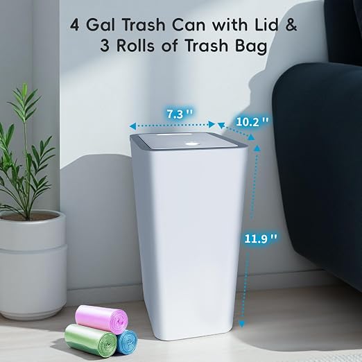 Lysam 4 Gallon Trash Can 3 Packs, Bedroom Trash Can with Lid & Trash Bags | Small Garbage Can Press-Top for Dog & Child Proof, Oder Seal, Waste Basket for Bedroom, Office, Living Room, Bathroom, Grey