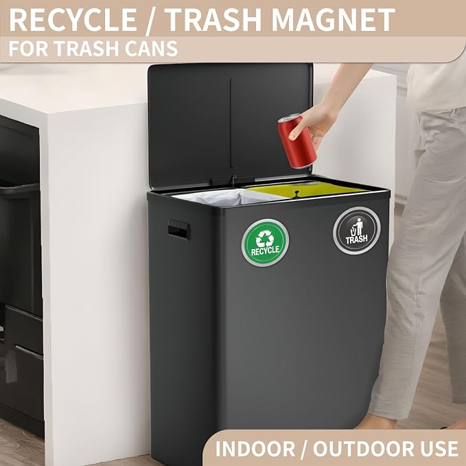 Recycle and Trash Magnets for Kitchen Cans and Recycling Bins | Silver Brushed Trash and Recycle Magnet Combo for Garbage Can Logo Symbol,Outdoor Waste Bin,5.5 Inch (Round)