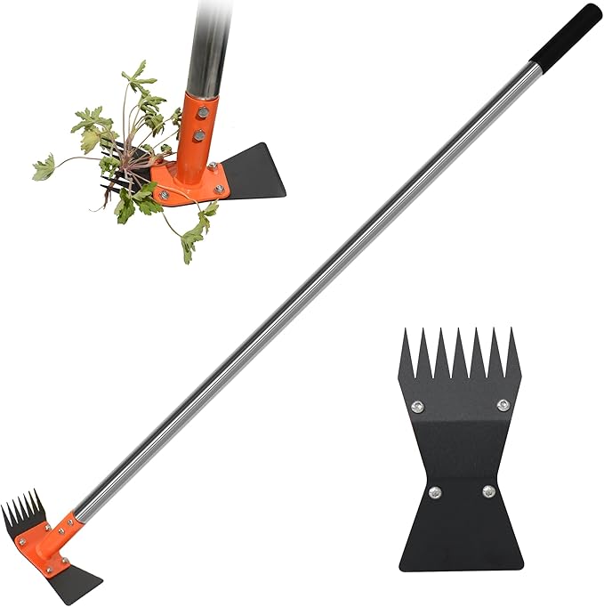 59 Inch One-Piece Handle 2-in-1 Garden Hoe and Weed Puller Tool | Weeding Tool Weed Rake Heavy Duty Spring Steel Head with Sand Texture Finish, Weed Remover for Garden, Yard, Lawn, Driveway