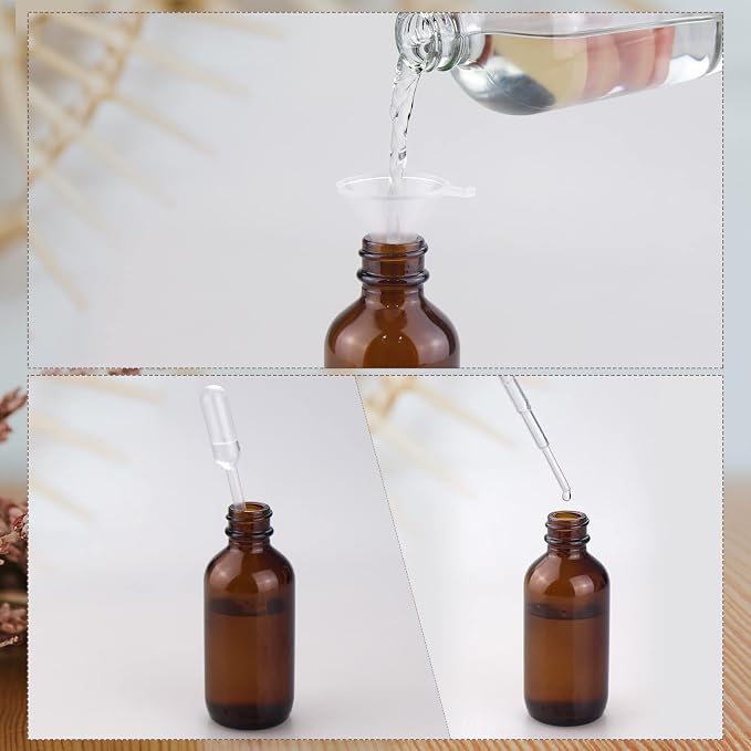 2 oz Mini Glass Spray Bottles, Empty Small Spray Bottles with Funnel Dropper, Fine Mist for Hair, Travel, Plants, Cleaning Solutions and Skin Care (4 Pack Amber)