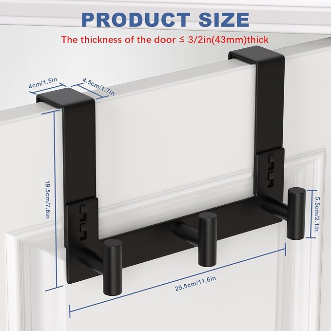 PMMASTO Door Hanger for 1-3/4 Inch Doors, Black- 3 Hooks, T Shape | Stainless Steel Door Hooks Organize Coats Towels Robes in Bathrooms Bedrooms Closets