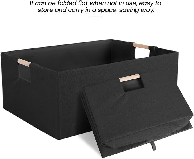 Fabric Storage Box, 13x9in Foldable Cotton Linen Basket with Wooden Handle | Small Rectangular Cube Decorative Home Laundry Organizer Clothes Blanket Container Organizing Clothes Sheets Jeans, Black