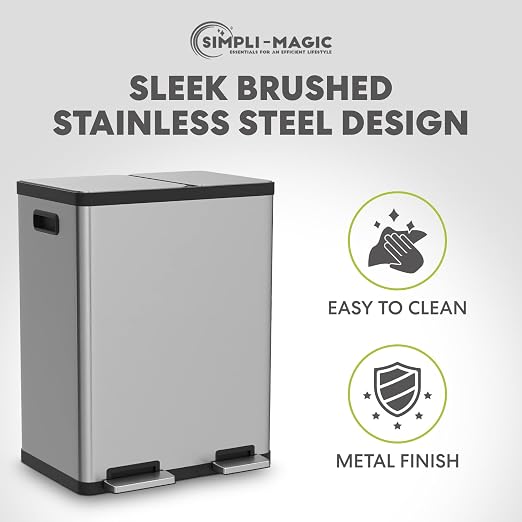 Simpli-Magic 18.5 Gallon (40L x 30L) Dual Compartment Step Trash Can – Kitchen Garbage Can with Waste & Recycling Bins – Slow-Close Lid, Odor Control, Hands-Free, Stainless Steel