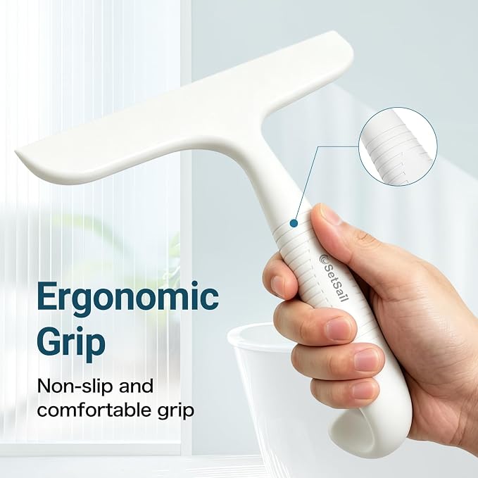 SetSail Shower Squeegee for Glass Doors,One-piece All Silicone Squeegee | Streak-Free Bathroom Squeegee for Shower Glass Window Mirror Tile Wall, Built-in Hook, Ergonomic Grip, White（9.5-inch）