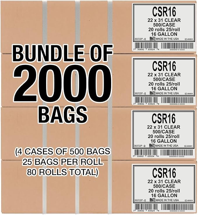 Aluf Plastics 12-16 Gallon 1 MIL (eq) Clear Heavy Duty Garbage Bags - 22" x 31" - Pack of 2000 - For Industrial, Recycling, Storage, & Outdoor
