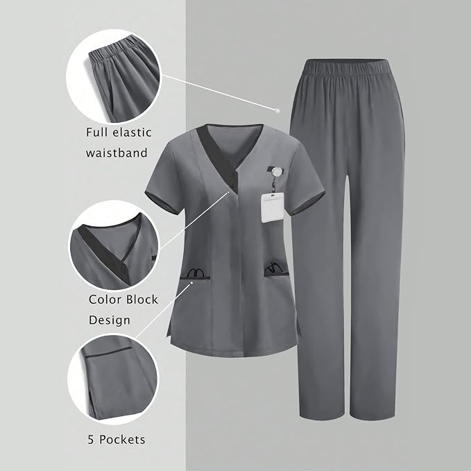 2026 Scrub for Cleaning Jobs Uniform, Multi Pockets Scrubs for Women Sets, V-Neck Top & Straight Leg Pants Scrubs Set