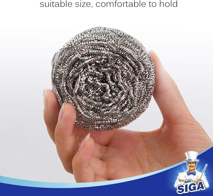 MR.SIGA Stainless Steel Scourer, Steel Wool Scrubbers, Pack of 6 | Scouring pads for cleaning tough baked-on messes, metal scrubbers for cleaning dishes pots, pans, grills and sinks
