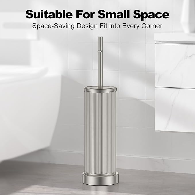 Metal Vertical Grain Toilet Bowl Brush and Holder Set Scrubber Nickel | Extra Long Handle with Splash Guard Cover, Bathroom Space-Saving, Heavy Durable Deep Cleaning, Cleaner Sets for Apartments