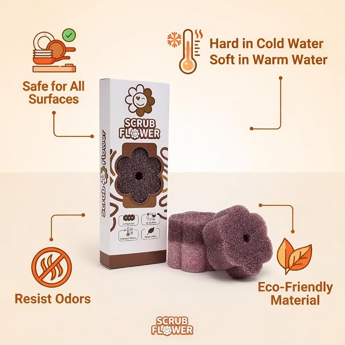 Scrub Flower Temperature Sensitive Sponges, Earth Dahlia, 3 Count | Firm when cold and soft when warm, these odor-resistant scrubbers clean dishes, kitchen surfaces and more.
