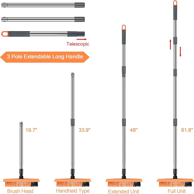 2 in 1 Floor Brush Scrubber with Long Handle Telescopic 3 Poles 61.8'' Grout Brush Scrape Stiff Bristle Cleaning Scrub Brush with Squeegee 180°Rotating Tile Brush for Cleaning Bathroom Glass Patio