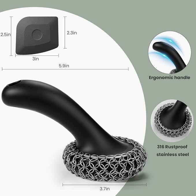 Cast Iron Scrubber with Long Handle Dish Scouring Pad Chainmail Cleaner | 316 Cast Iron Scrubber for Pan Skillet, Dishwasher Safe Cleaning Kit (Black, 1 Scrubber + 1 Scraper)