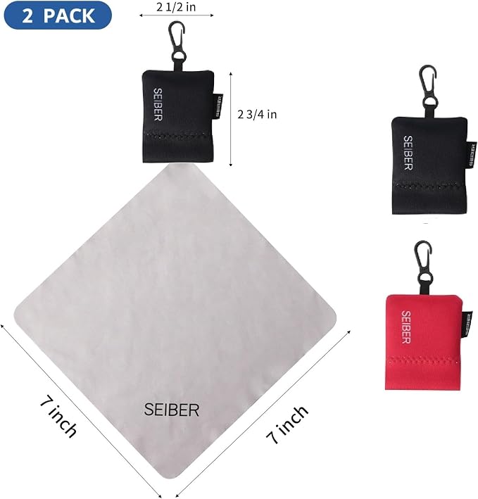 Seiber Microfiber Eyeglass Cleaning Cloth with Neoprene Pouch,2PCS, BKRED | 7x7 inch Cloth For Sunglasses, Laptops, Cameras, Screen,Self-Closing Bottom