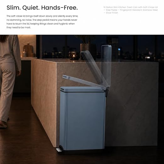 Home Zone Living 12 Gallon Kitchen Trash Can with Slim Fit Design