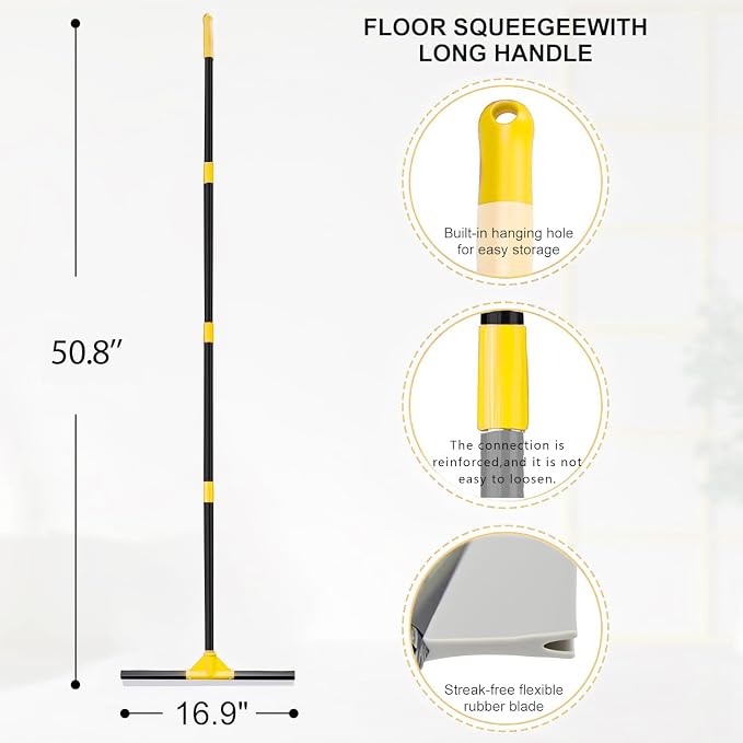 Heavy Duty Floor Squeegee with 50.8" Metal Long Handle for Concrete, Tile, Bathroom Glass & Window Cleaning - 17" Rubber Blade Removes Garage & Shower Standing Water