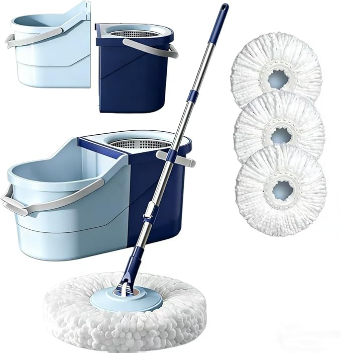 Spin Mop and Bucket Set | 4 Washable Microfiber Mop Heads, Durable Replacement Pads for Hardwood, Tile & Multi-Surface Floor Cleaning