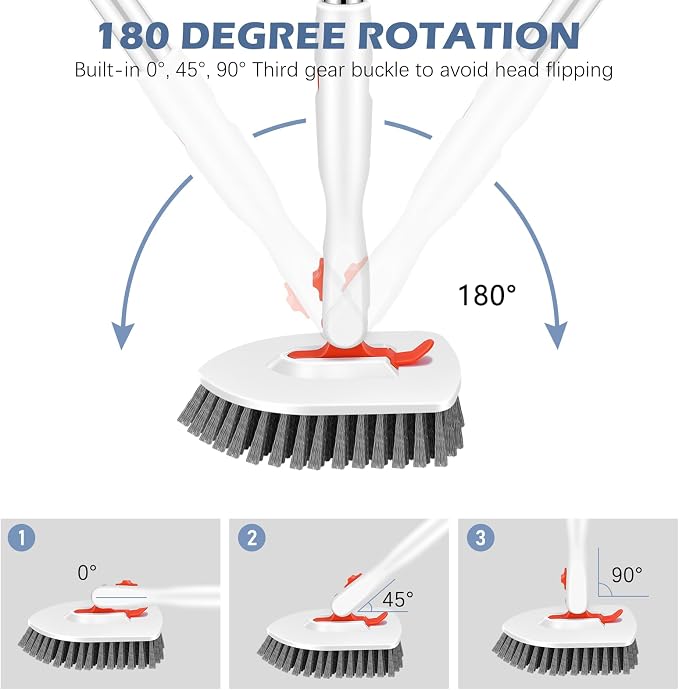 SetSail Tile Tub Scrubber Brush 3-in-1 Shower Scrubber with Long Handle | with 3 Detachable Replacement Brush Head, Multi-Angle Cleaning Locks at 45°, 90°, 180° for Bathroom Kitchen Walls Tub Tile