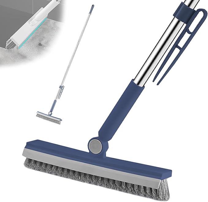 3 in 1 Floor Scrub Brush with Squeegee,27.6–57” Adjustable Thickened Stainless Steel Long Handle,180° Rotatable V-Shape Stiff Grout Brush for Bathroom Tile,Patio,Garage,Swimming Pool,Deck Wall Clean