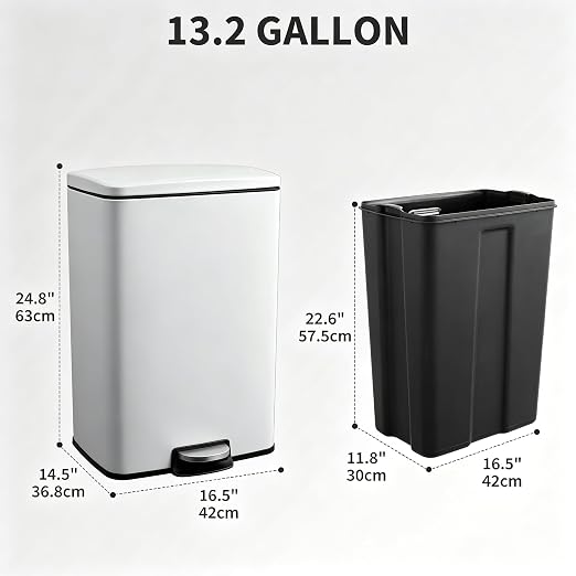 13 Gallon/50L Stainless Steel Step Trash Can, Soft Close Pedal Garbage Bin with Detachable Inner Bucket,Fingerprint Resistant,Dual-Use Waste & Recycling Container for Home Kitchen, Bathroom and Office