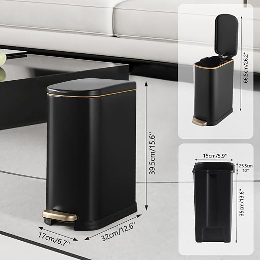 SYNCVIBE Bathroom Trash Can with Soft Close Lid 3.5 Gallon Matte Black | Stainless Steel Garbage Can with Removable Inner Bucket Slim Trash Bins with Step Pedal for Bedroom, Office