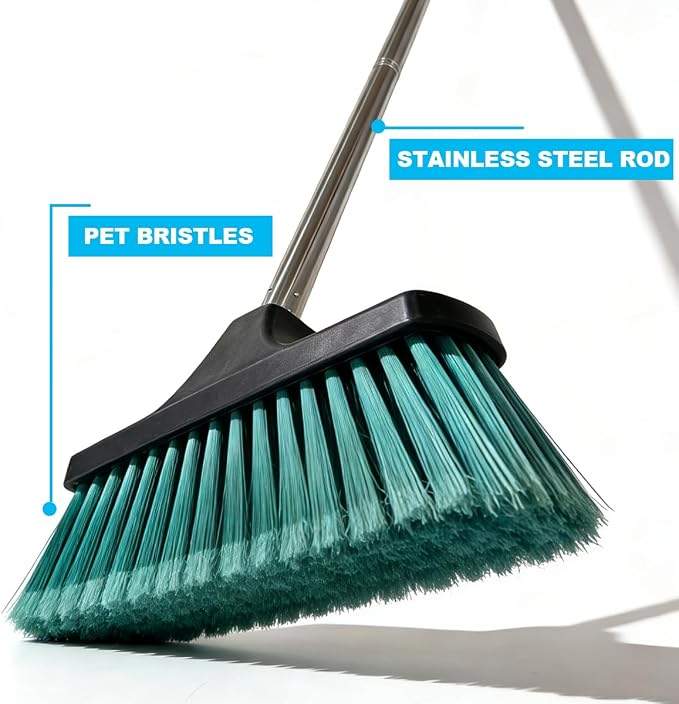 Small Floor Scrub Brush with 4-Section Stainless Steel Handle, 52" Adjustable Long Handle, 5-Row Dense Flagged Bristles, for Tile, Bathroom, Patio, Indoor & Outdoor Cleaning (Black+Green)
