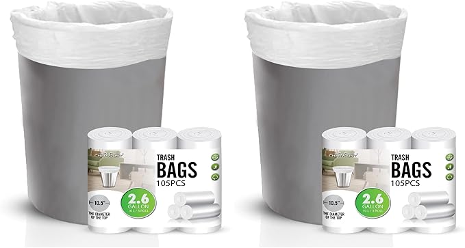 Charmount Small Trash Can Liners, Garbage Bags for Bathroom, Kitchen, Office, Bedroom, 2.6 Gallon, Unscented,105 Counts (White) … (Pack of 2)