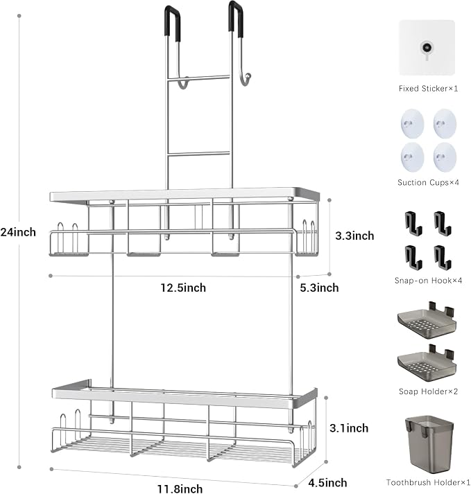 Aitatty Over the Door Hanging Shower Caddy: No Drill Rustproof Shower Rack | Includes Hooks & Soap Holders for Shampoo, Conditioner and Bathroom Essentials, Anti-Slip Design for Any Shower Room