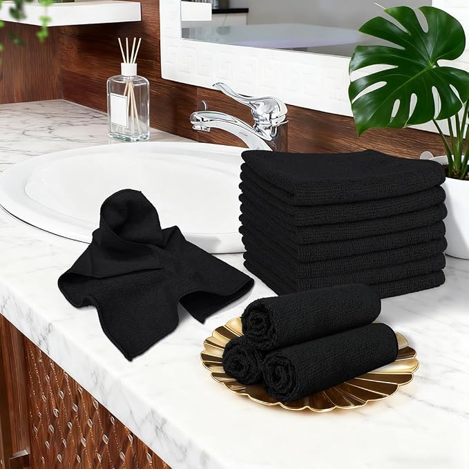 Orighty Washcloths, 5 Pack Microfiber Face Towels, 12x12 Inch Black | Highly Absorbent & Soft Feel, Multi-Purpose Wash Cloths & Hand Towels for Bathroom, Hotel, Spa, and Gym