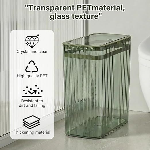 Bathroom Trash Can with Lid3.5 Gallon Garbage Can，for Bedroom, Office, Plastic Slim Waste Basket with Press Top Lid, 15l Clear Trash Bin for Home Slim Trash Bin Clear, Kitchen （Green）