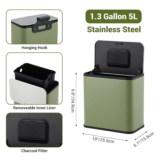 1.3 Gallon/5L Stainless Steel Step Trash Can, Soft Close Garbage Bin with Detachable Inner Bucket,Fingerprint Resistant,Dual-Use Waste & Recycling Container for Home Kitchen, Bathroom and Office